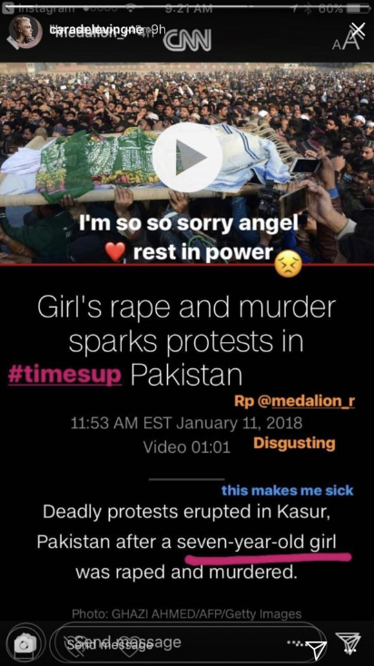 Supermodel Cara Delevingne grieves on Zainab’s incident